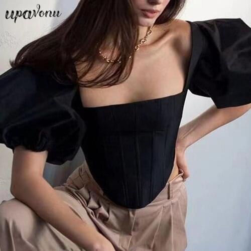 Free Shipping Black Puff Sleeve Crop Top 2021 Summer Womens Square Neck Slim Fishbone Cropped Top Fashion Party Irregular Top
