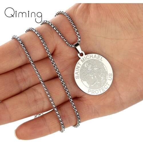 Stainless Steel Saint Michael Medal Necklace For Women Ancient Religious Jewelry Metal Archangel Choker Necklace Gift