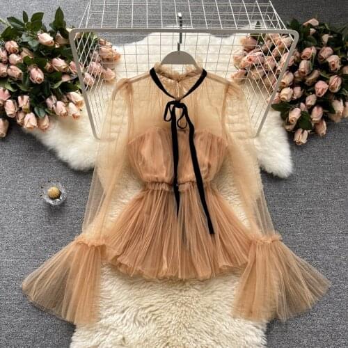2021 summer new style net yarn trumpet sleeve sweet self-cultivation wild waist lotus leaf blouse womens summer dress
