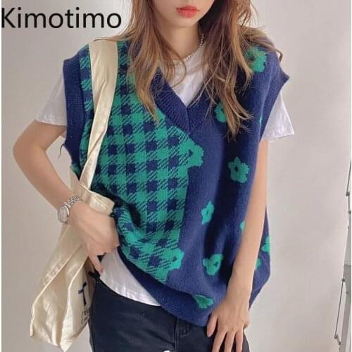 Kimotimo Jacquard Plaid Sweater Vest Women Autumn New V-neck Loose Outwear Pullover Knit Vests Korean Ins All-match Waistcoat