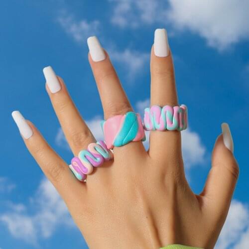 2021 Ins Handmade Ceramic Clay Cute Colorful Stripe Wide Rings boho Polymer Twisted Round Wave Rings For Women Jewelry Gifts