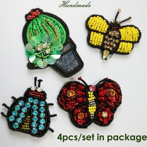 4pcs/set3D Handmade bee butterfly Patches for clothing DIY sew on sequin rhinestone parches Beaded appliques for hats bags