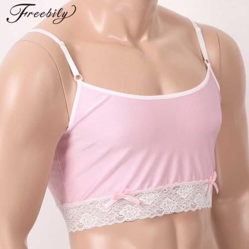 Men Sissy Bra Gay Pink Silky Lingerie Hot Sexy Erotic Underwear Adjustable Straps Lace Hemline Camisole Vest Crop Tops