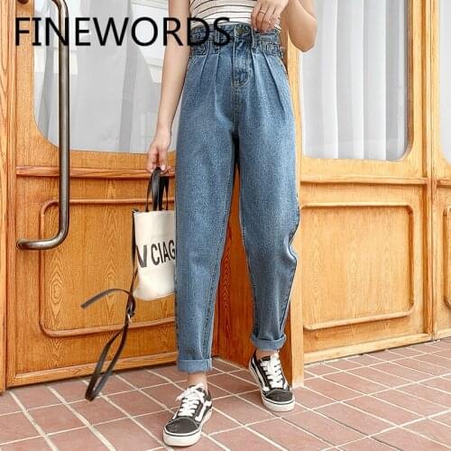 FINEWORDS Vintage Casual High Waist Harem Boyfriend Jeans For Women Blue Washed Korean Denim Jeans Womens Easy Match Hot Pants