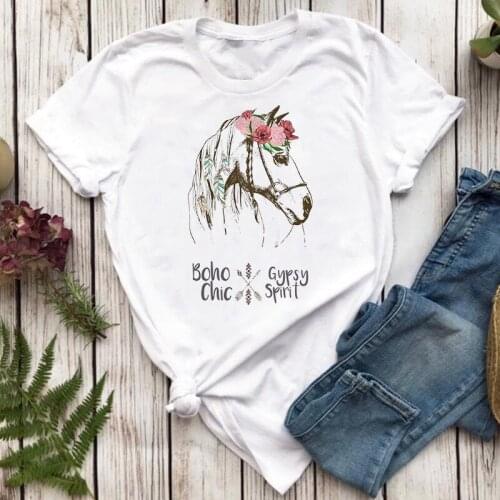 Flower Horse Beautiful Animal Tshirt Women New Style Popular Summer Tshirts Hot Sale Women T-Shirt Casual Top Tees