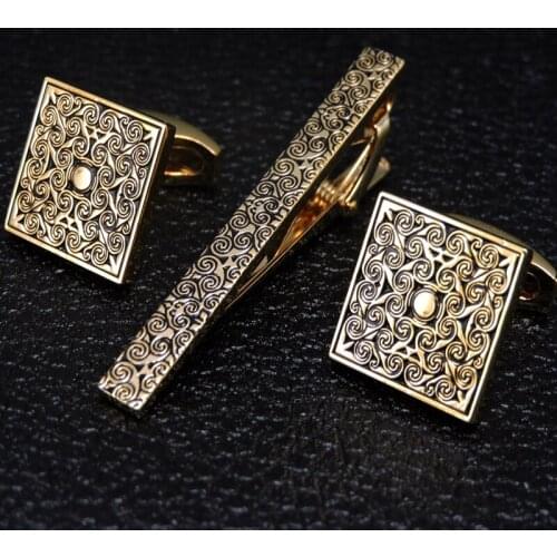 HYX Classic golden Tie Clips cufflinks set for Men High Quality Enamel Engrave Pattern Necktie Tie Bar link Clasp Brand Jewelry