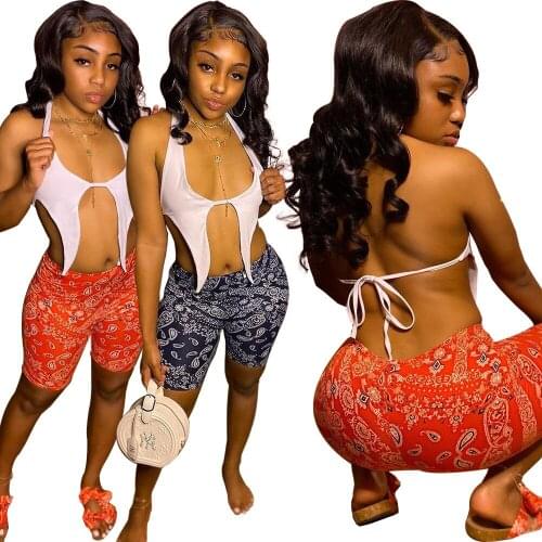 Vintage Floral Print Short Two Piece Set Women Sexy Irregular Backless Halter Bandage Crop Top Shorts Club Two Piece Set Outfits