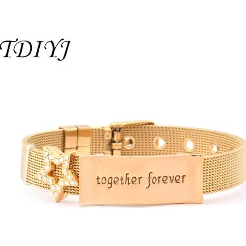 TDIYJ Hot Collocation Gold Stainless Steel Mesh Keeper ing Bracelet with Crystal Star Cutout Keeper Slide Charms 1Set