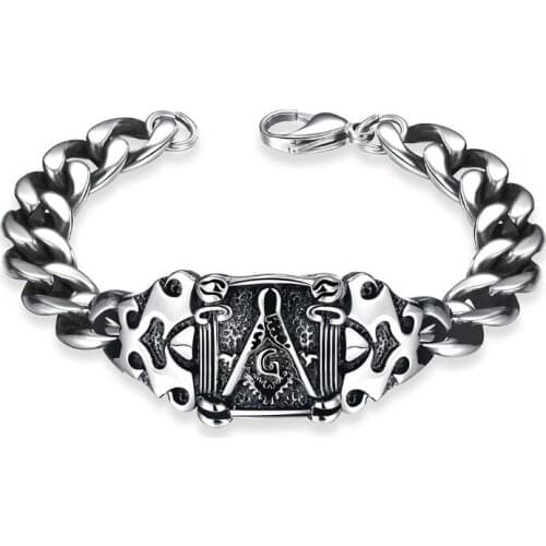 Freemason Titanium Bracelet Vintage Silver Black Chain Wristband Masonic Bracelet Free Mason Fashion Jewelry Accessory Gift 5pcs