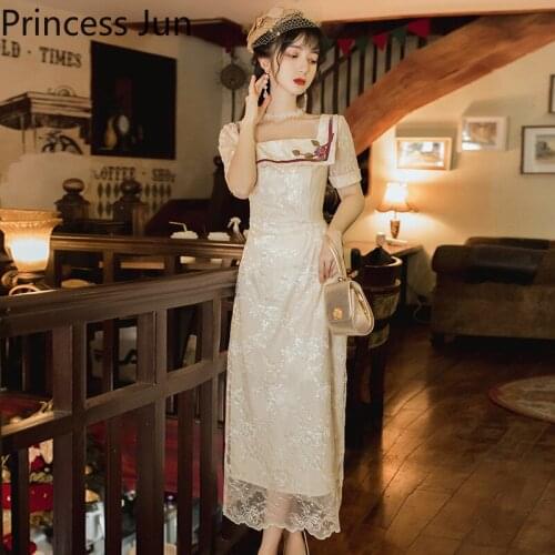 Vintage Fashion Chinese Improved Qipao Lace Dress Floral Embroidery Square Collar Bodycon Dress Sexy Side Split Slim Party Dress