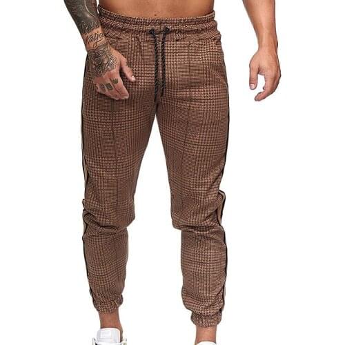 Men Casual Pocket Stripe Plaid Print Drawstring Long Pants Ankle-Tied Trousers
