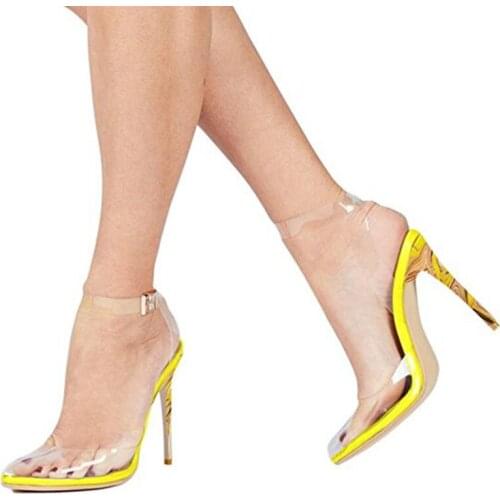 PVC Material Transparent Ankle Buckle Strap in Super High Heel Yellow White Red Summer Sandals Women Shoes Size 35-45