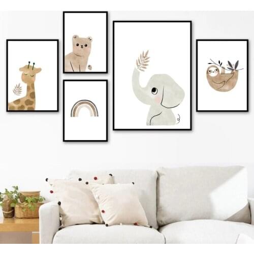 Nordic Posters And Prints Bear Elephant Giraffe Sloth Sun Rainbow Wall Art Canvas Painting Cartoon Wall Pictures Kids Room Decor