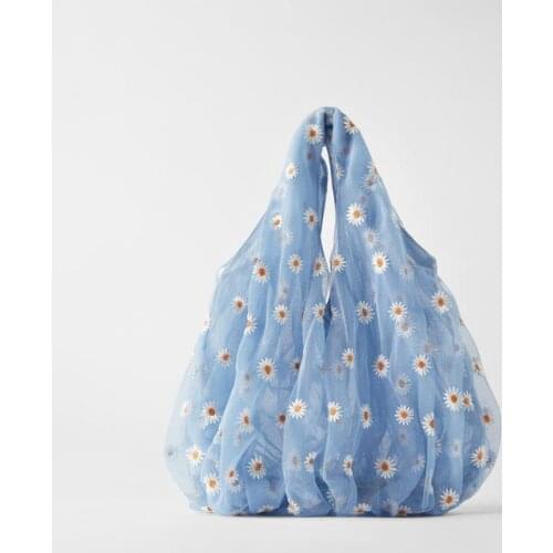 Handbag New Daisy Embroidery Double-layer Mesh shopping bag