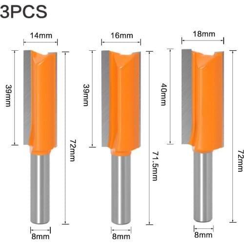 3pcs 8mm Shank The diameter of 14 16 Double Flute Straight Bit Milling Cutter for Wood Tungsten Carbide Router Bit Woodwork Tool