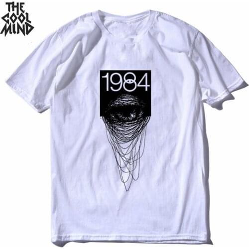 COOLMIND 100% cotton streetwear cool 1984 eys print men T shirt casual loose head print men t-shirt o-neck tshirt men tee shirts
