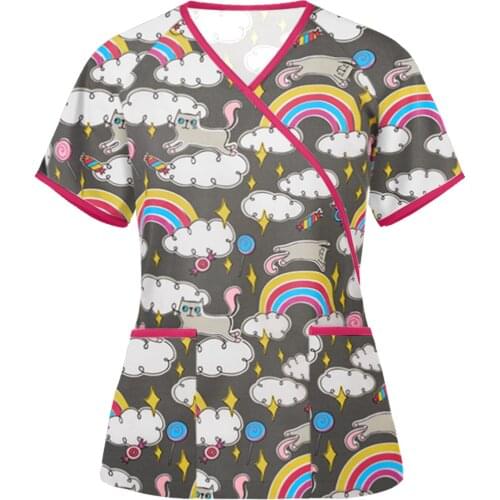 2021 Cute Cartoon Butterfly Print Nursing Scrubs Top T Shirt Women Short Sleeve V-neck Tops Working Nurse Uniform Women Clothing