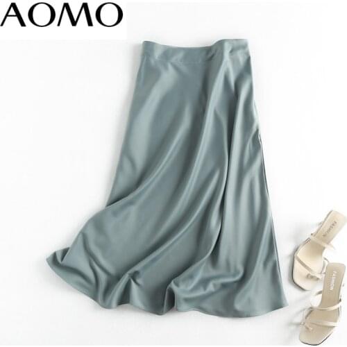 AOMO women solid quality satin midi skirt vintage side zipper office ladies elegant chic A-line skirts 6D18A