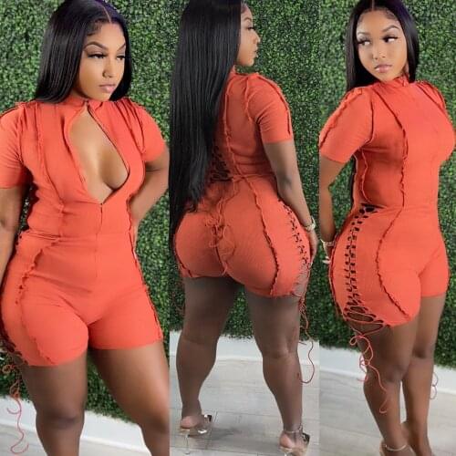Plus Size Jumpsuits and Rompers for Women 4XL 5XL Bodycon Skinny Lace Up One Piece Short Playsuit Club Outfit Overalls