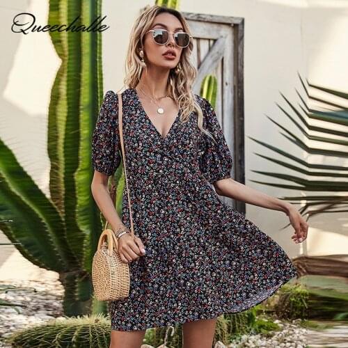 Women Dresses Summer 2021 Sexy V Neck Floral Print Boho Beach Dress Puff Sleeve Short A Line Mini Dress Wrap Sundress Robe