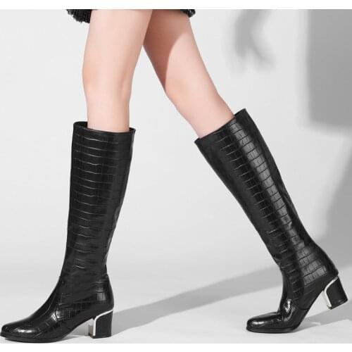 Stone Grain Pu Leather Knee High Boots Spring Autumn Fashion Women Boots Chunky Heel Long Boots Slip On Winter Woman Boots Shoes
