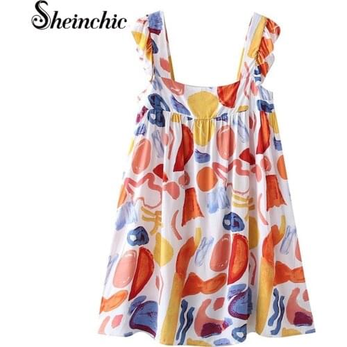 Bohemian Ruffles Spaghetti Strap Printed Woman Dress 2021 Summer Boho Vestido De Mujer