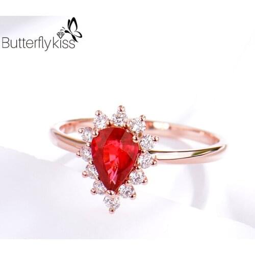 BK Rose Gold Ruby Rings For Women Genuine Gold 585 18k Simple Luxury Water Drop 2.6g Diamond Anniversary Wedding Fine Jewelry