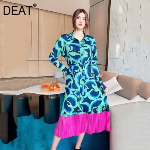 DEAT Woman Pleated Dress Print Hit Color Lady Elegant Turn Down Collar Long Sleeve Slim Casual Style 2021 New Summer 15XF444