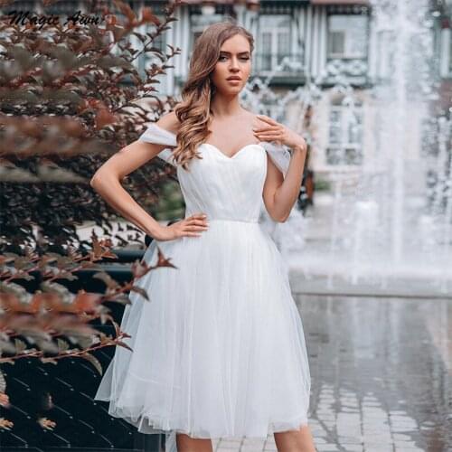 Magic Awn Off The Shoulder Wedding Dresses Boho Simple Tulle Knee Length Beach Bridal Gowns A-Line Cheap Vestido De Novia