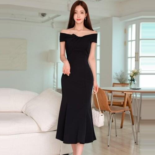 Women 2021 Summer Dress Korean Off-The-Shoulder Ruffles Mermaid Party Dresses Elegant Evening Black Midi Dress