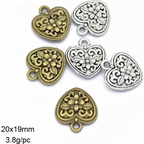 20pcs/lot 20x19mm Zinc Alloy Charm Antique Silver Antique Bronze Heart Charms Pendants