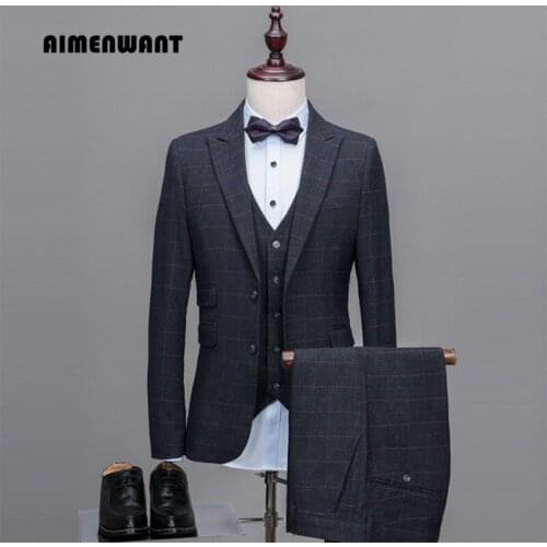 AIMENWANT 2017 Mens New Tailor Suit For Wedding (Jacket+Pants+Vest) Single Breasted Slim Grey Plaid Business Formal Suits