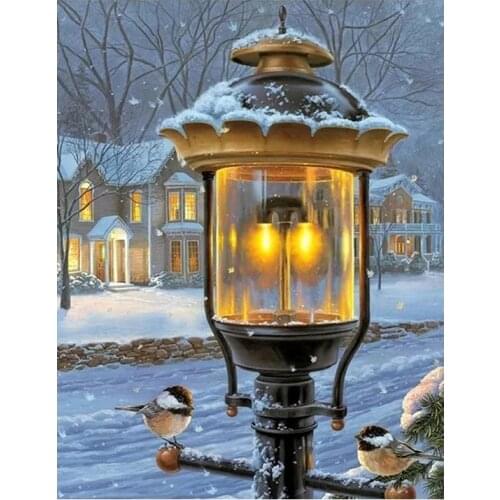 5D DIY Full Square Round Diamond Painting Winter Snow Scene Street Lamp Art Picture Cross Stitch Mosaic Rhinestone Embroidery