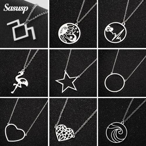 Stainless Steel Sun Star Moon Round Pendant Necklace Women Trendy Heartbeat Cross Waves Flamingo Gold Chain Choker Jewelry Gift