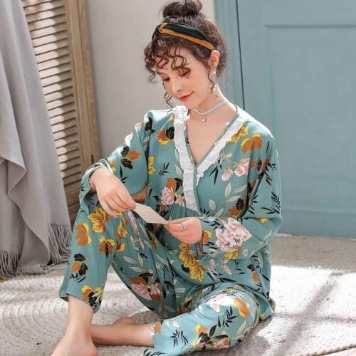 Home service plus size cotton pajamas ladies long sleeve thin section suit Korean loose printed lace Sleepwear pijamas women
