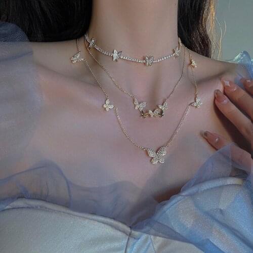 14K Gold Micro Zircon Choker Necklace Small Butterfly Shining Rhinestone Clavicle Necklace Korean New Design Jewelry