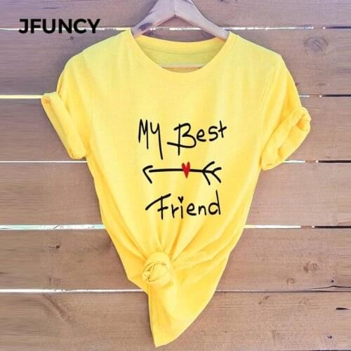 JFUNCY Plus Size Summer Women T Shirt 100% Cotton Tshirt Best Friend Letter Print T-Shirt Woman Short Sleeve Tees Pink Tops