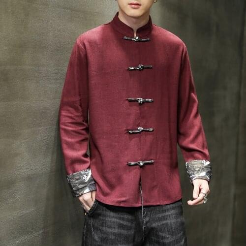 Large Size Classic Burgundy Buckle Linen Blouse Chinese Style Claret Red Ethnic Clothing Flax Cotton Tang Suit Oriental Style