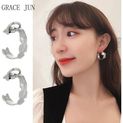 GRACE JUN European and American Hoop Clip on Earrings No Pierced for Women Luxury Fashion Statement Silver Plated Cuff Earrings
