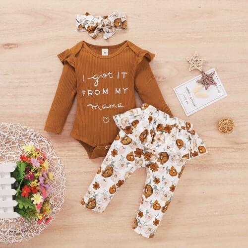 3 Pcs Newborn Baby Girls Set Autumn Spring Long Sleeve Bodysuit Ruffle Pants Headwear Fashion Infant Toddler Clothing Outfits