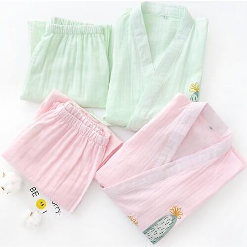 Summer Women Pajamas Set Cotton Gauze Half Sleeve Trousers Pure Color Cactus Japanese Kimono Ladies Sleepwear Loose Home Wear