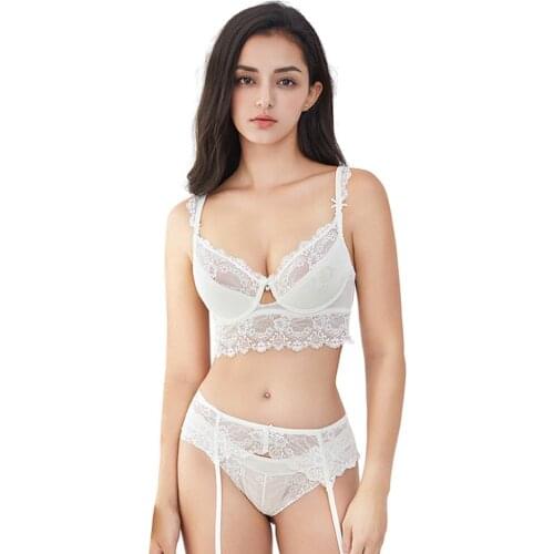 Large size five breasted gather push up white bra set woman sexy lace black underwear bra+garter belt+panty wine red 3piece/set