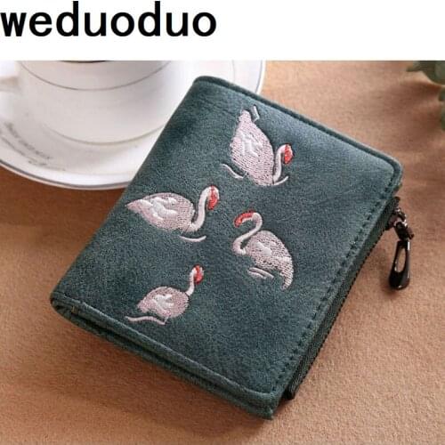 Short Brand Design Women Wallets Hand Embroidery Mini Purses Coin Pocket High Quality Hasp Swan Money Bag Lady Clutch Handbag