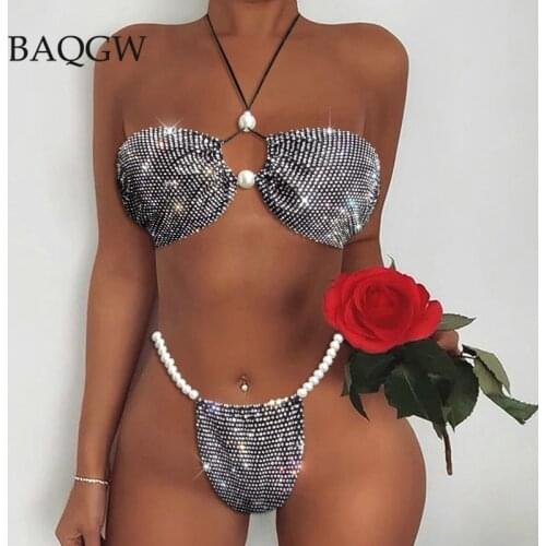 Fashion Brilliant Rhinestone Bra Set Sexy Backless Halter Crop Top Bandages Pearl Patchwork Diamonds Panties Night Club Outfits