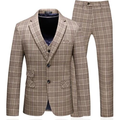 2021 Men Plaid Suit Three Pieces Mens Suits For Wedding Khaki Checkered Business Formal Dress Suit for Groom Prom Party Men