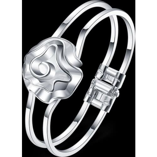 New hot 925 Sterling Silver Bracelets for Women fine rose flower bangle Fashion Wedding Party Christmas Gifts Girl Jewelry