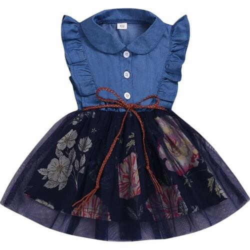 Toddler Newborn Girls Sleeveless Dress Baby Children Baby Grl Korean Ruffled Denim Mesh Stitching A-line Princess Dress Summer