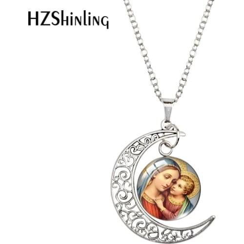 2021 New Arrival Moon Pendants Necklace Glass Cabochon Mother and Child Virgin mary Necklace Jewelry