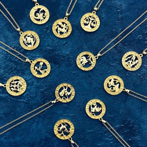 Constellations Pendant Coin Necklace Mens Womens 12 Horoscope Zodiac Sign Gold Aries Leo Gold-color Fashion Jewelry N534