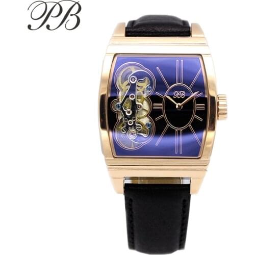 PB Square Watch Women Gold Wrist Hollow Watch Luxury Genuine Leather Watches for Women Quartz relojes para mujer